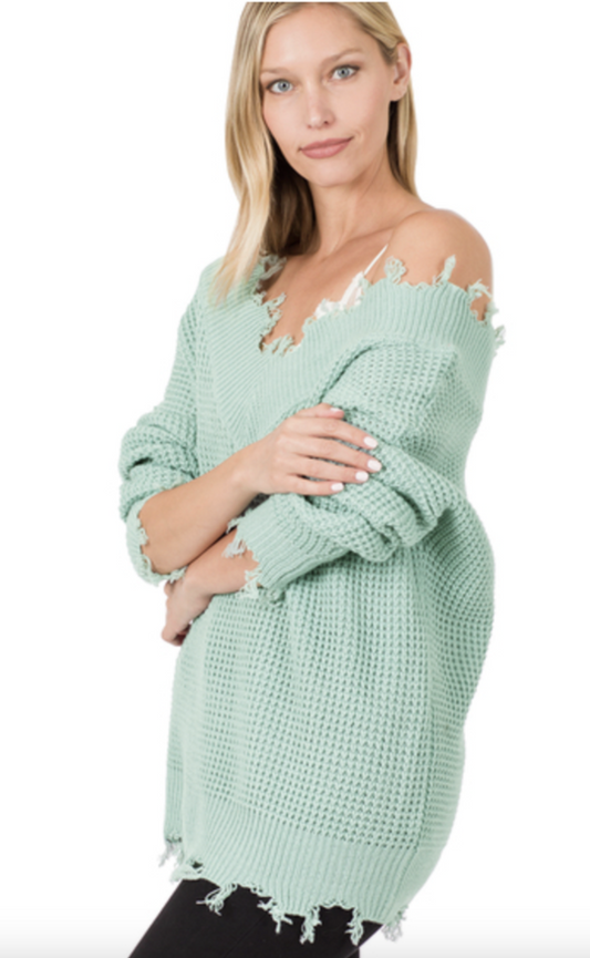 Wide V-Neck Distressed Sweater