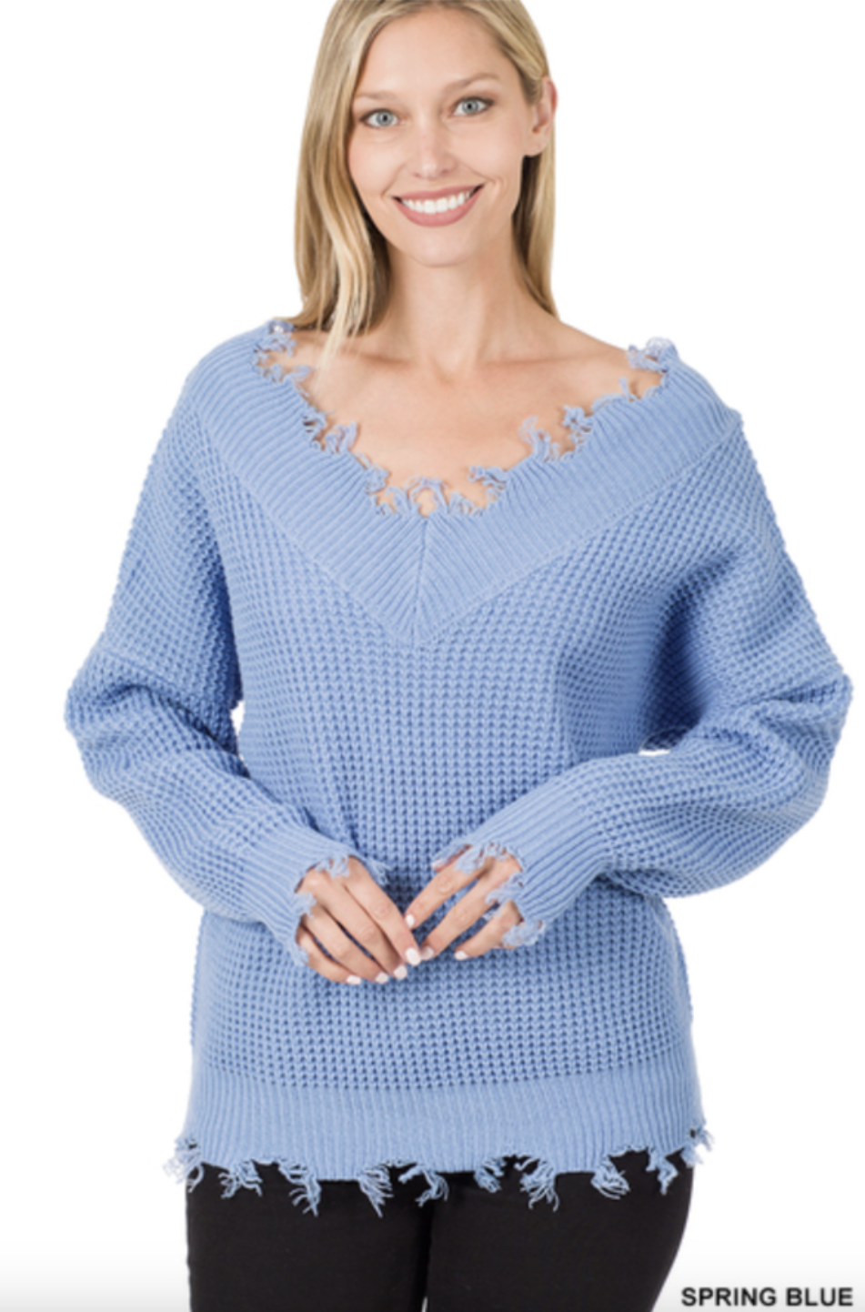 Wide V-Neck Distressed Sweater
