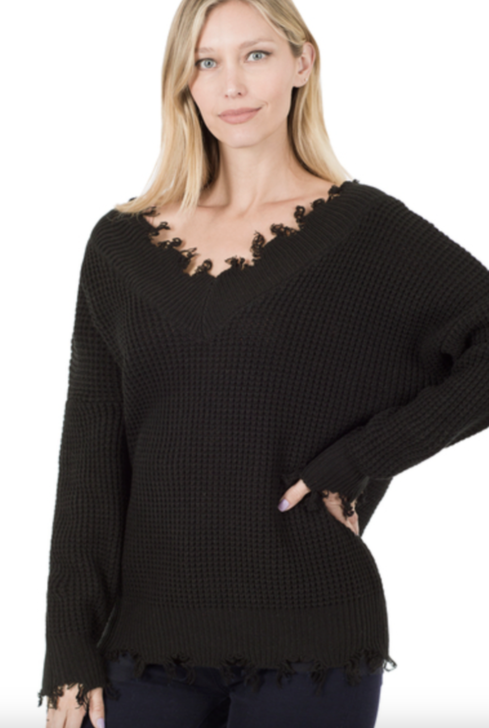 Wide V-Neck Distressed Sweater