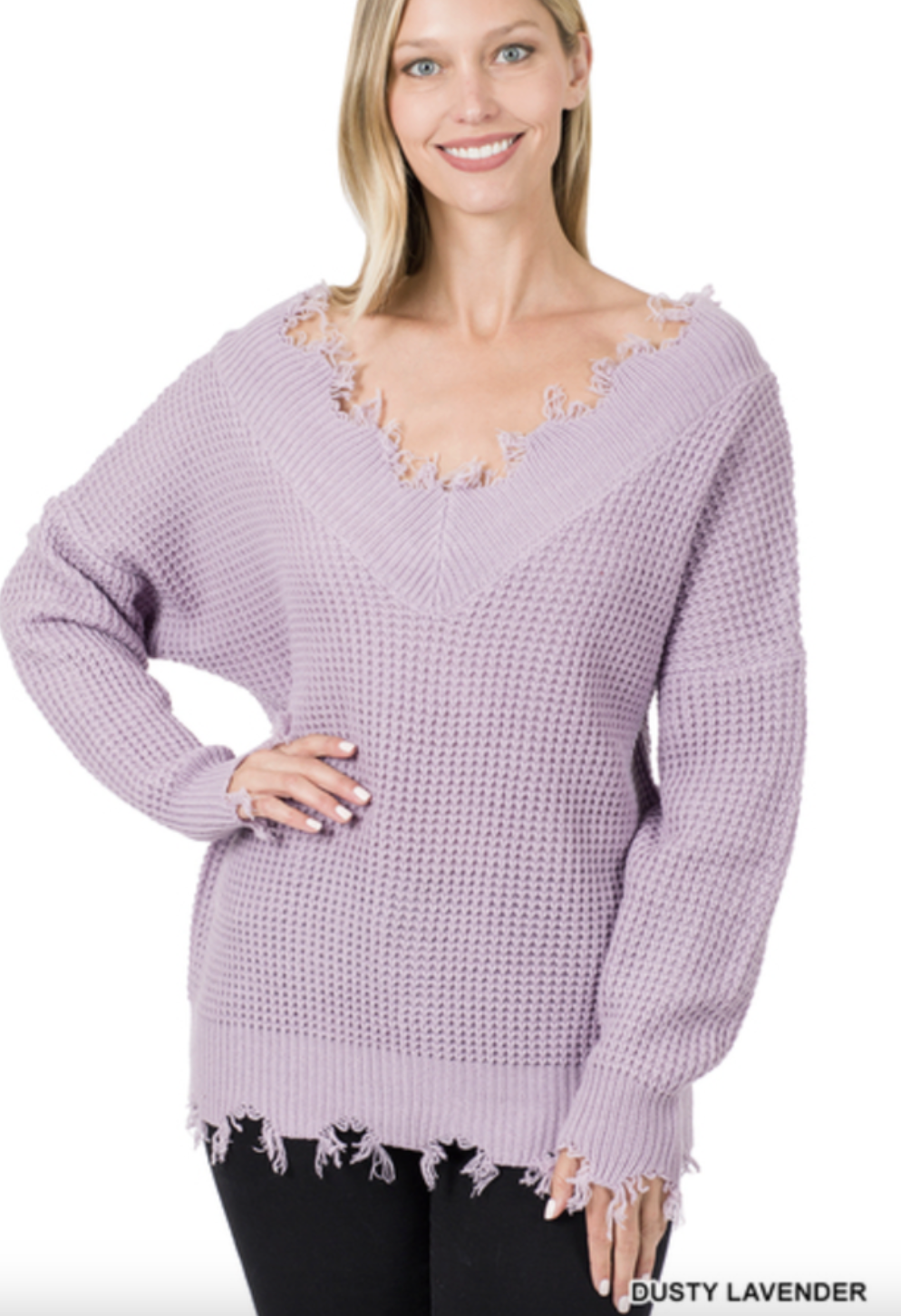 Wide V-Neck Distressed Sweater