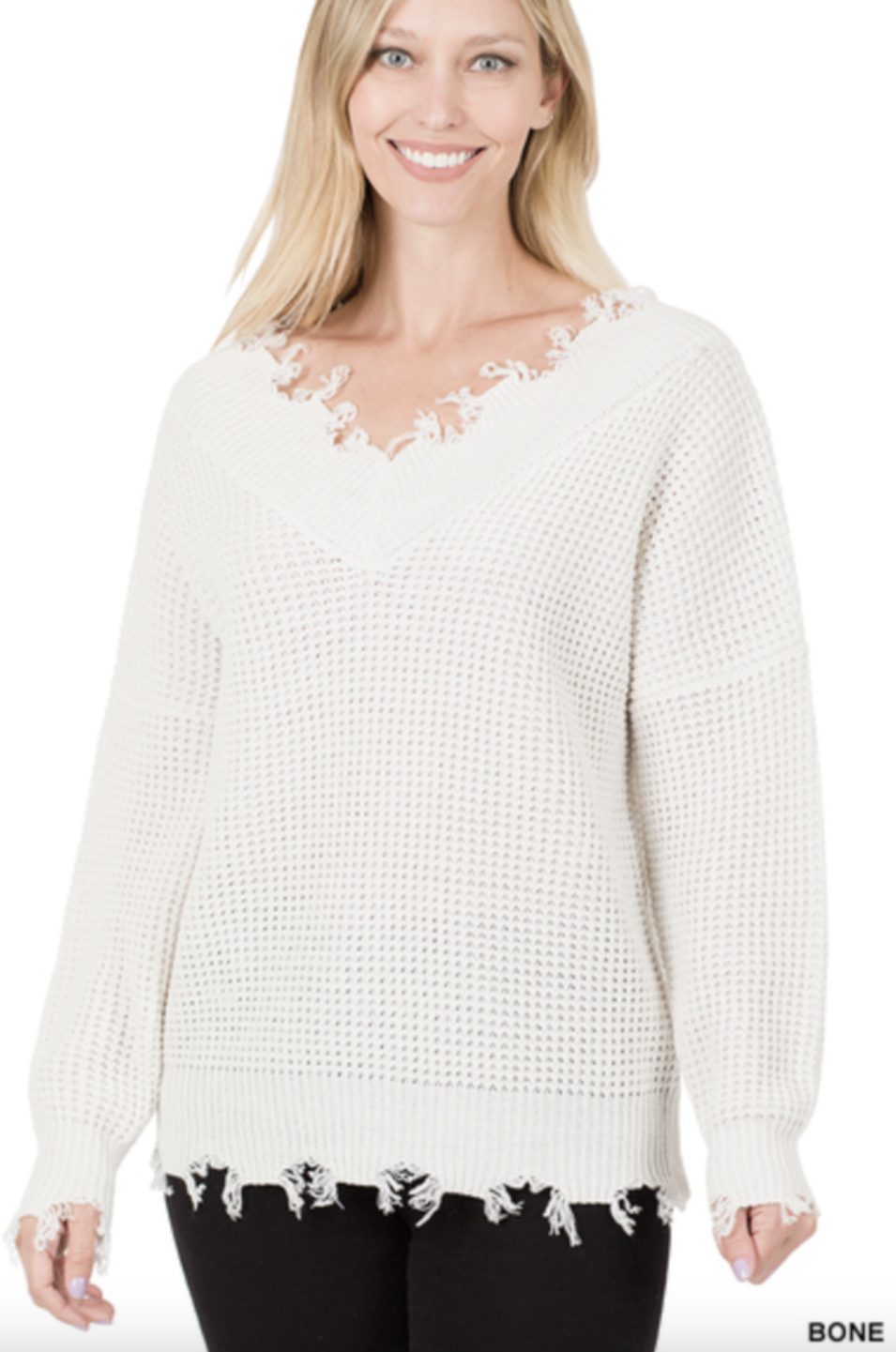 Wide V-Neck Distressed Sweater