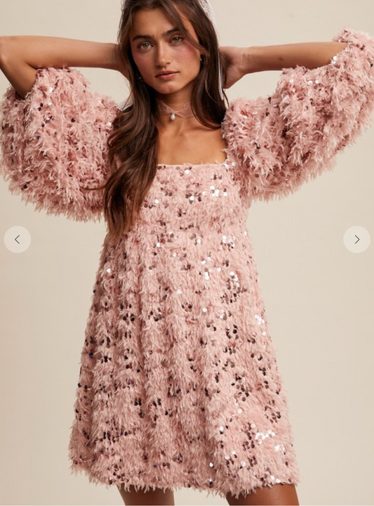 Eyelash Fringe Sequin Baby Doll Dress