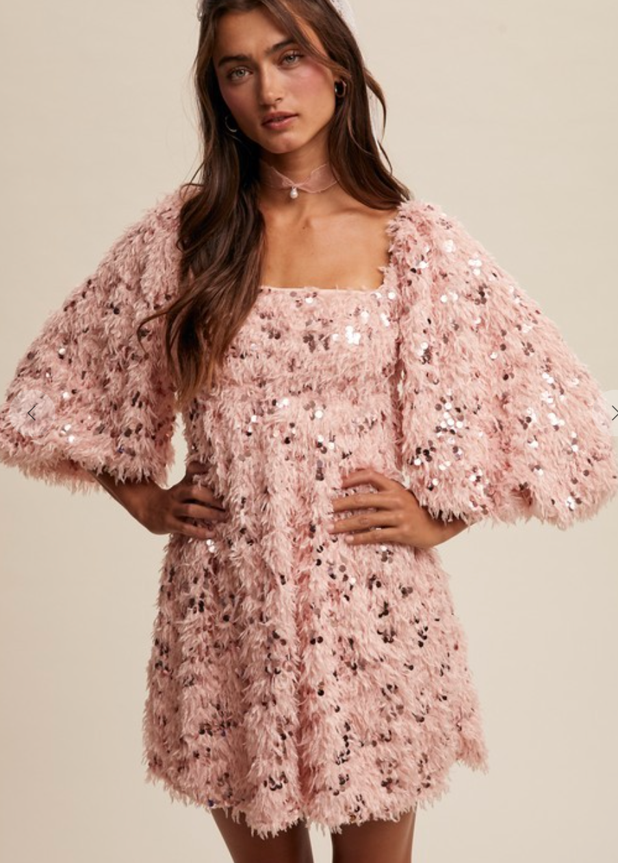 Eyelash Fringe Sequin Baby Doll Dress