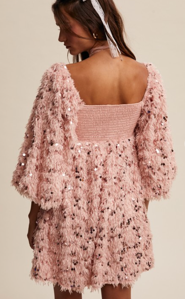 Eyelash Fringe Sequin Baby Doll Dress