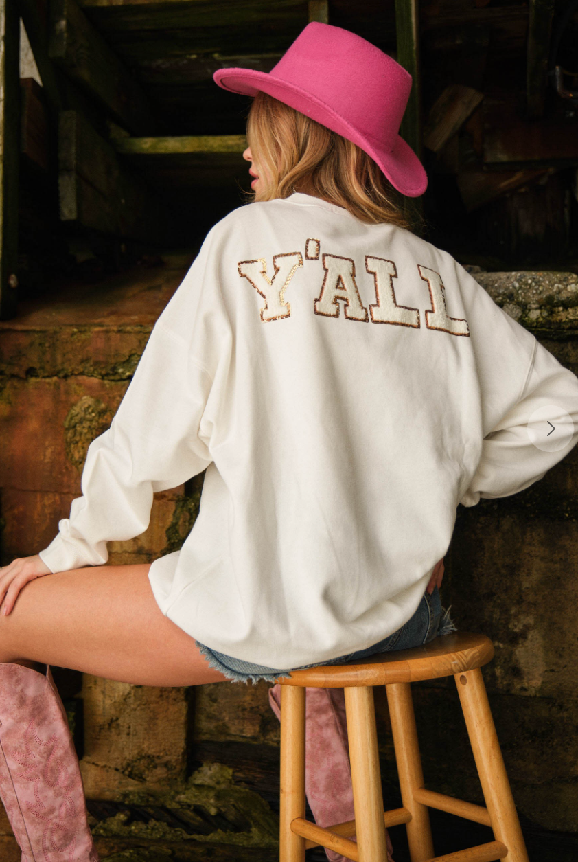Fleece Terry Howdy Patch Embellish Y'All Sweatshirt