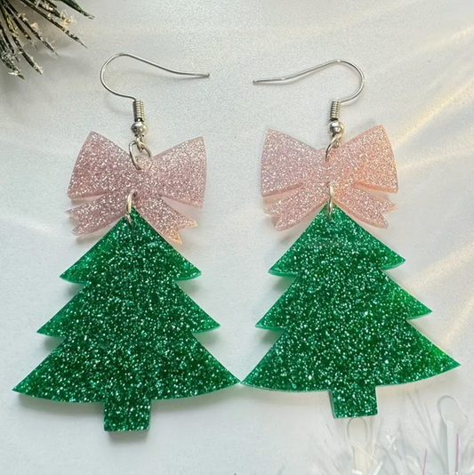 Pink Bow Christmas Tree Earrings