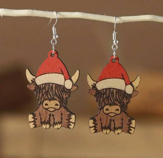 Santa Hat Highland Cow Earrings