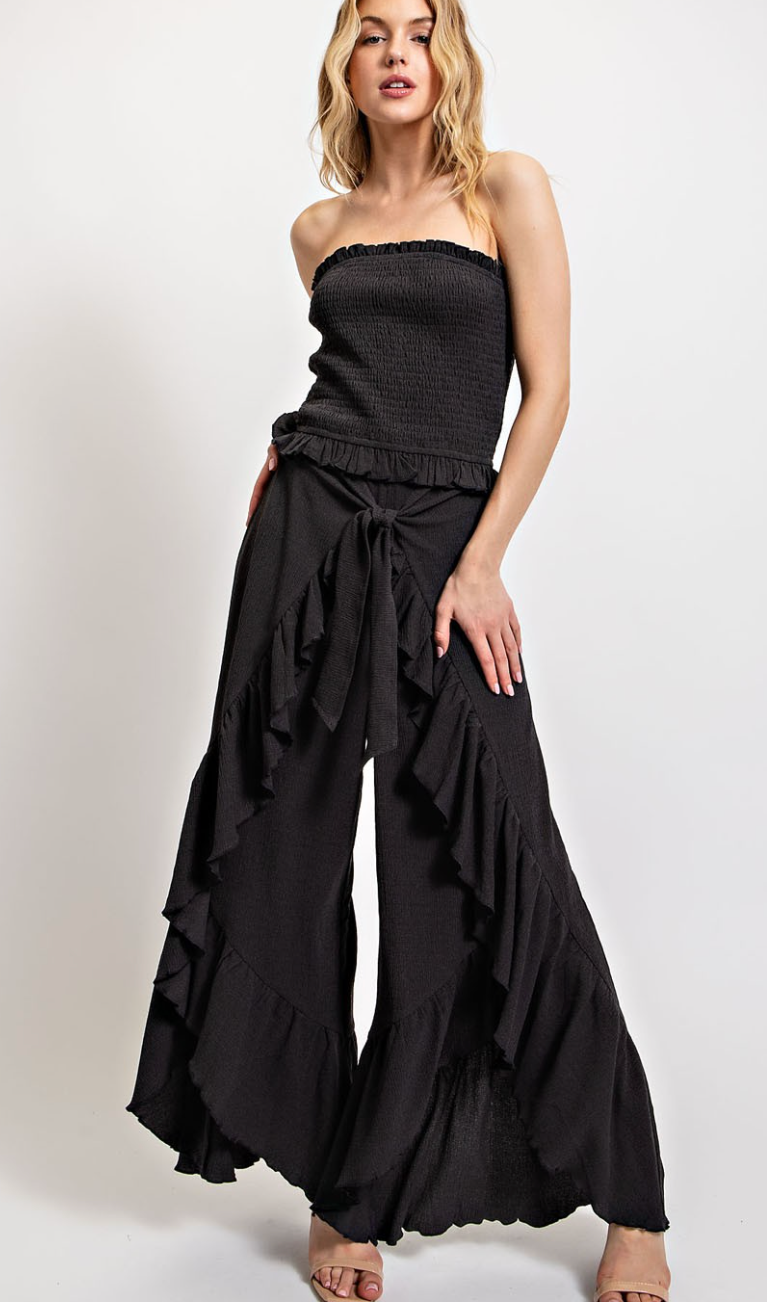 Shirred Hem Tie Front Flowy Pants