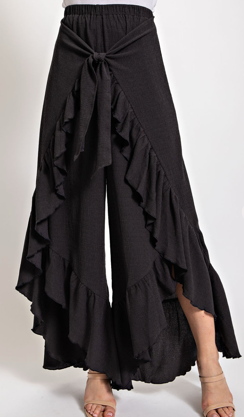 Shirred Hem Tie Front Flowy Pants