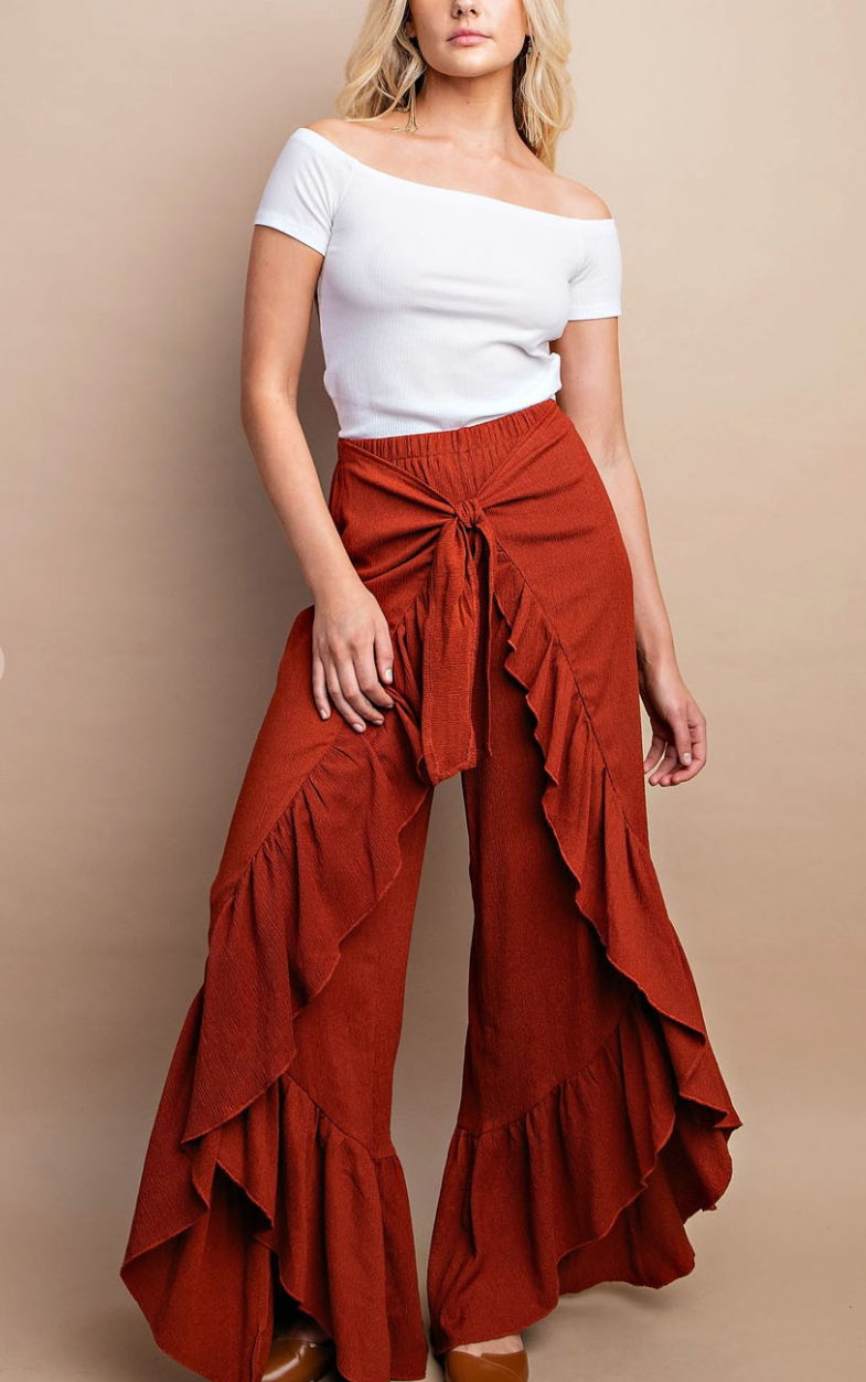 Shirred Hem Tie Front Flowy Pants