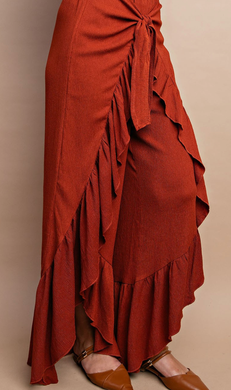 Shirred Hem Tie Front Flowy Pants