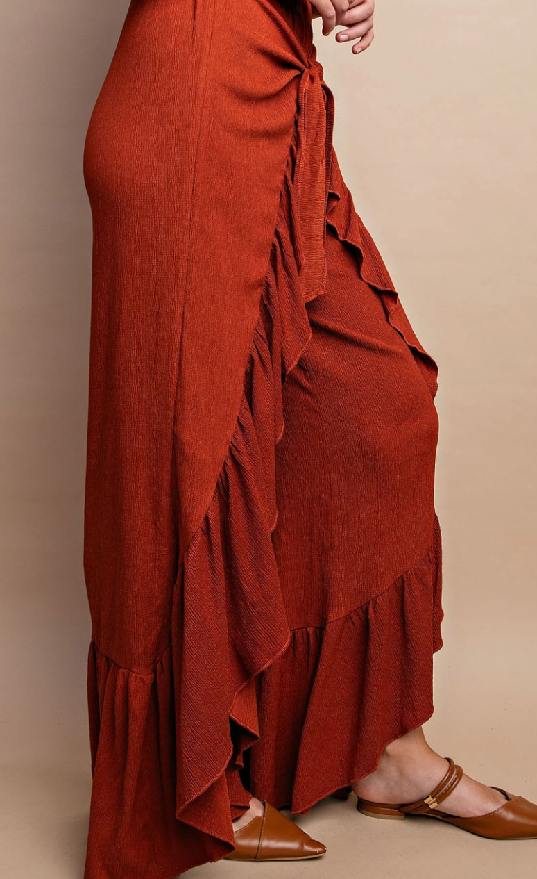 Shirred Hem Tie Front Flowy Pants