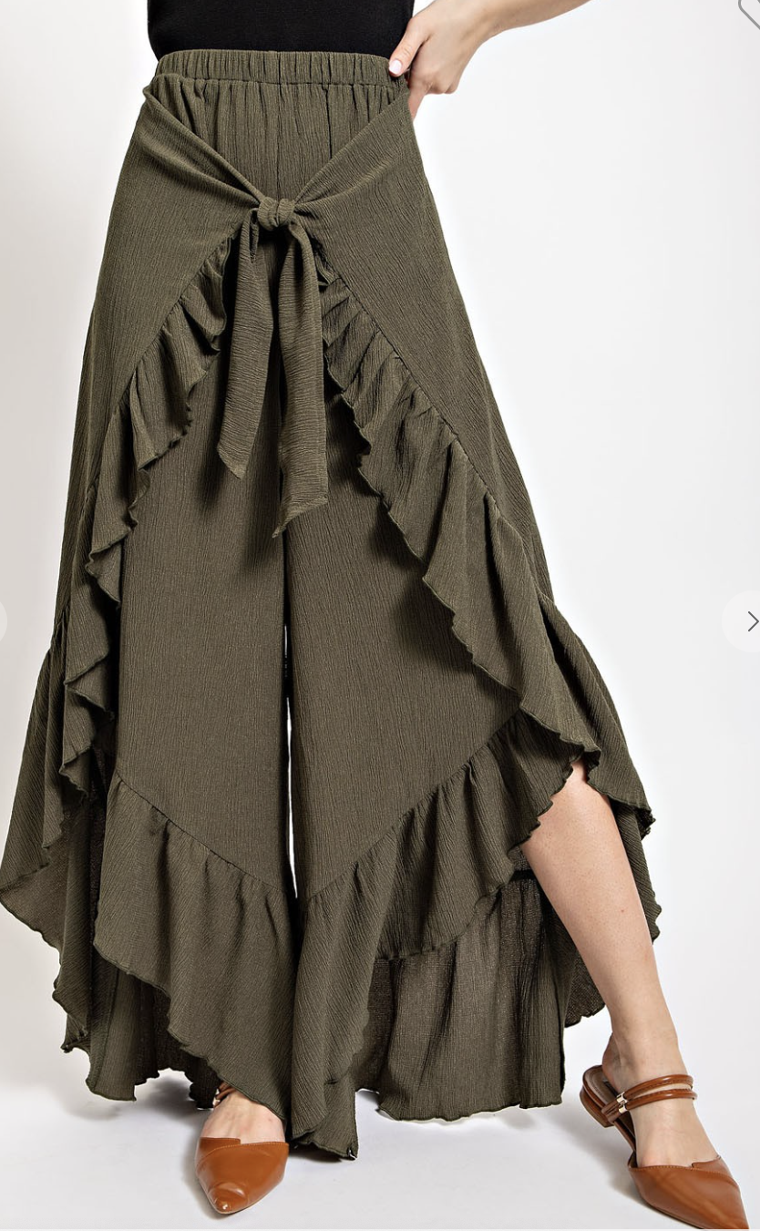 Shirred Hem Tie Front Flowy Pants