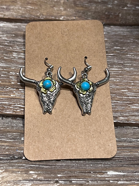 Floral Steer Head Silver Earrings
