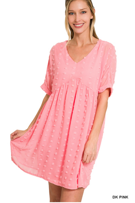 Swiss Dot Babydoll  V-Neck Dress