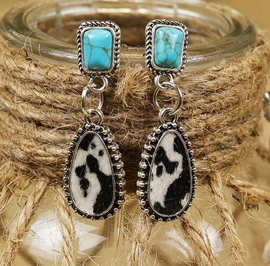 Turquoise & Cowhide Droplet Earrings
