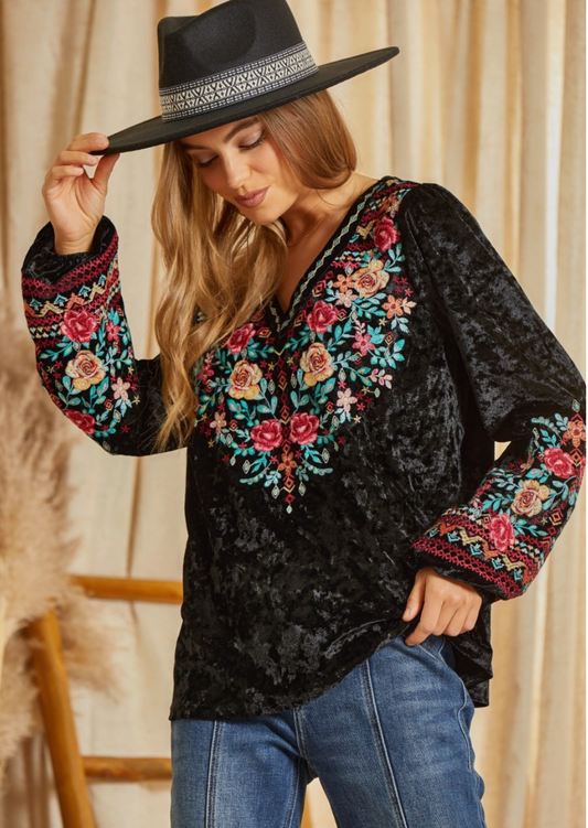Embroidered Velvet Top