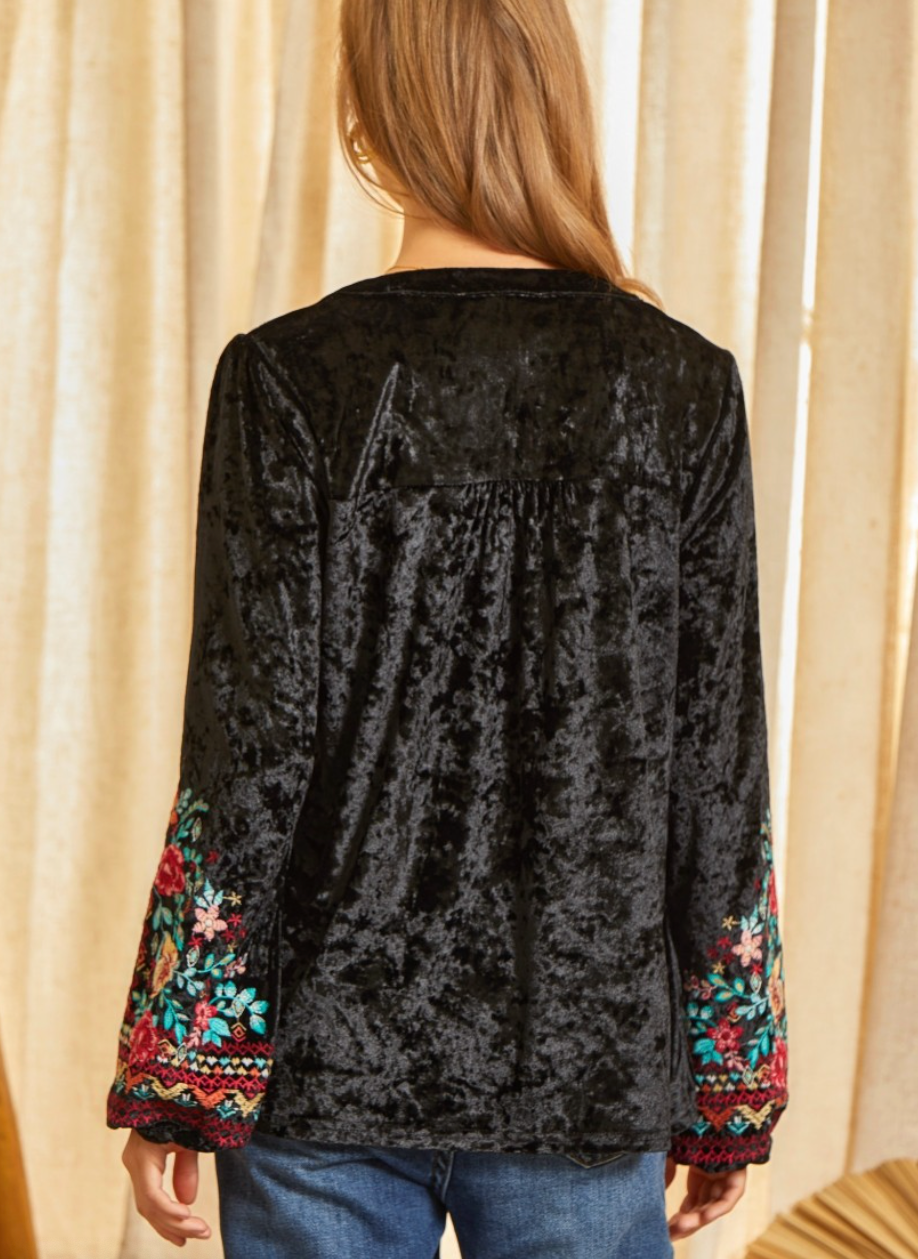 Embroidered Velvet Top
