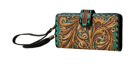 Western Swing Hand-Tooled Wristlet Wallet