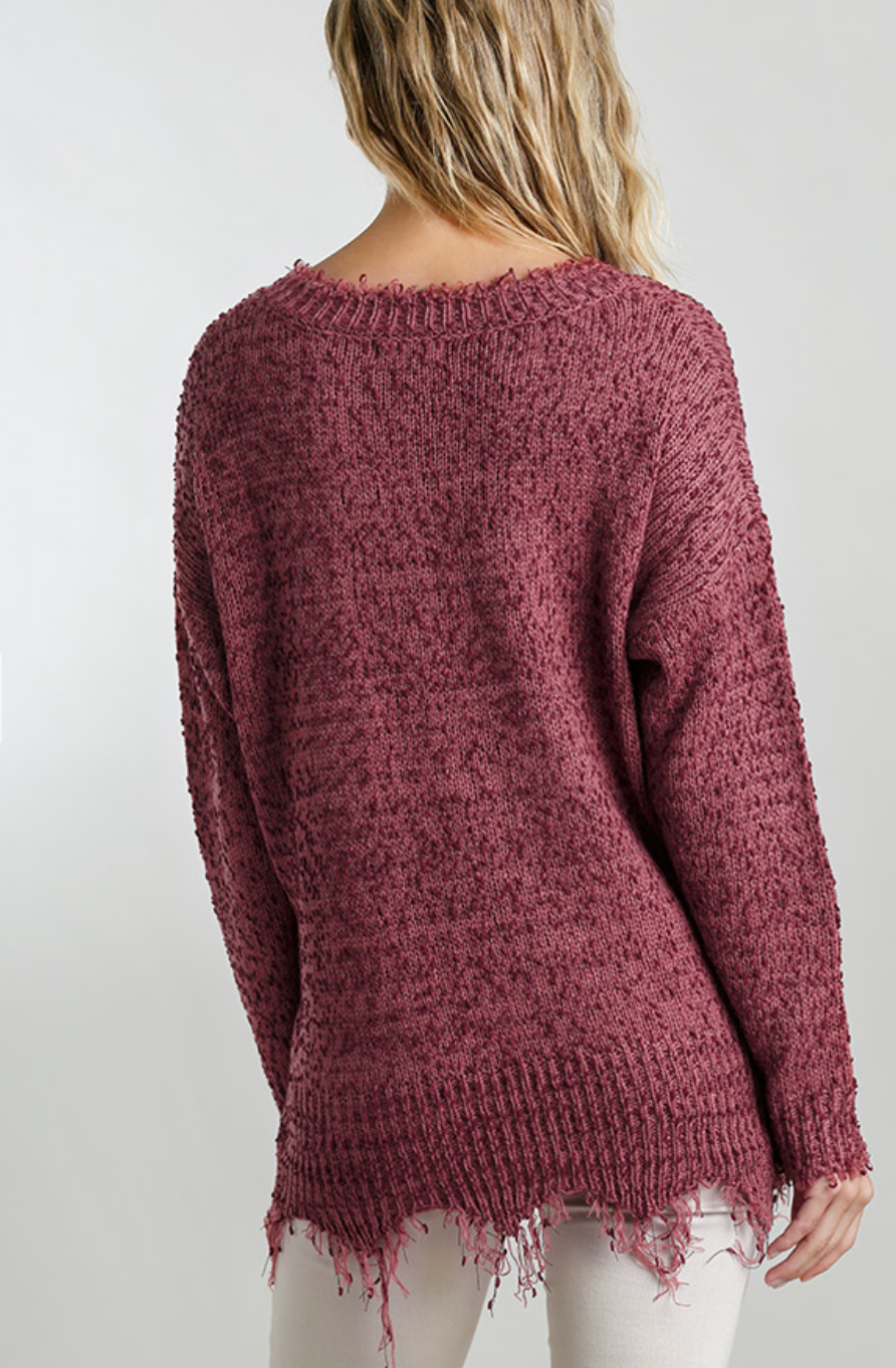 V-Neck Frayed Sweater