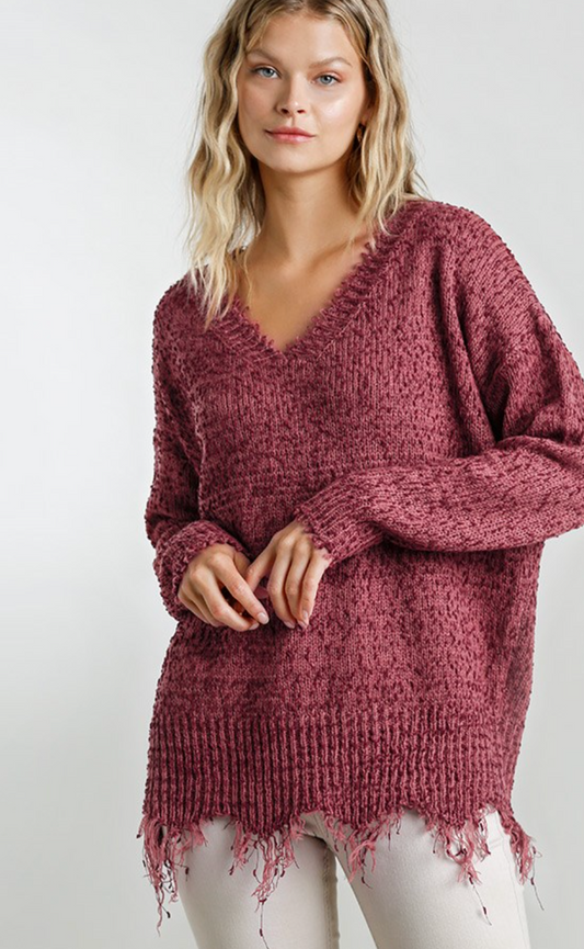V-Neck Frayed Sweater